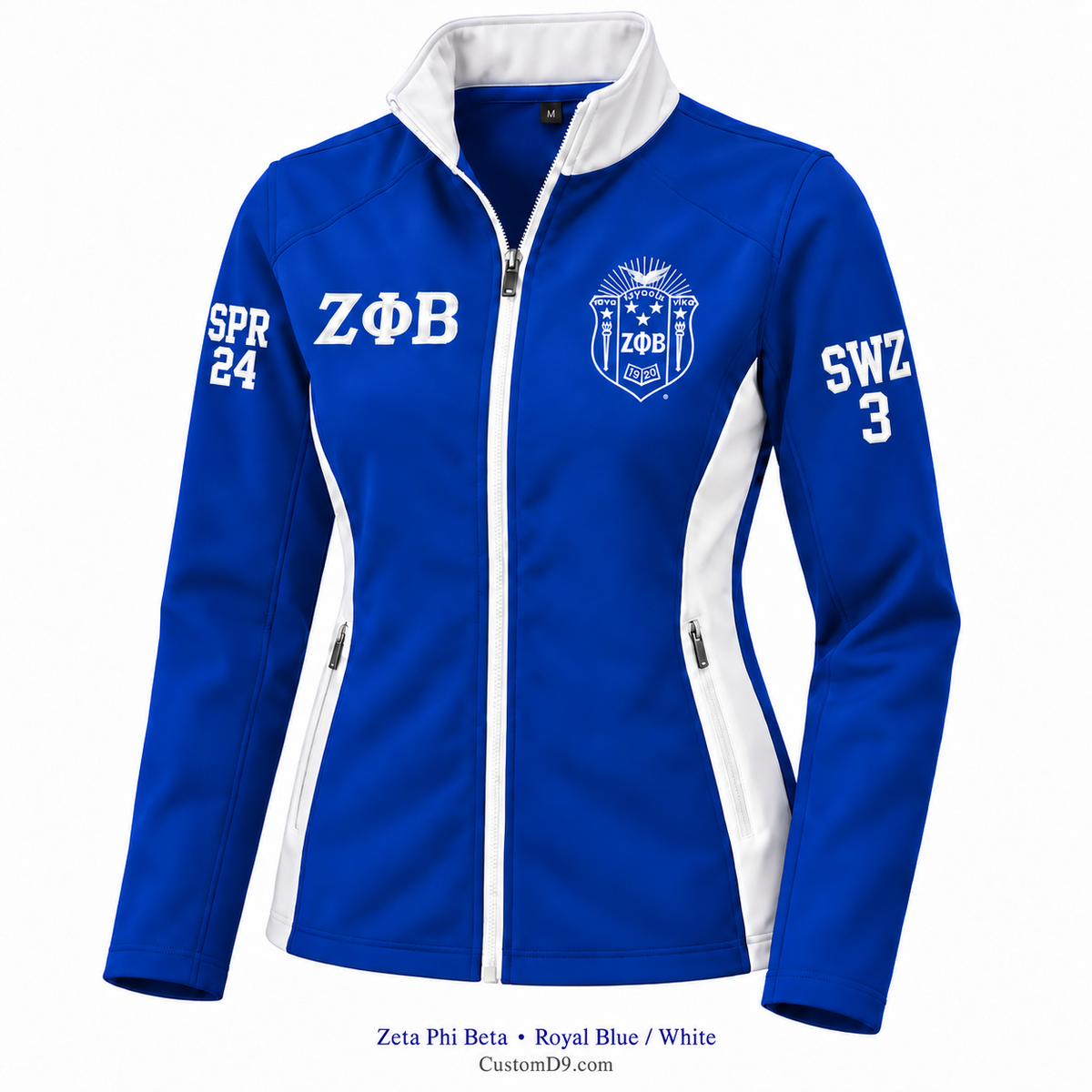 Zeta Phi Beta royal blue and white jacket with front and sleeve embroidery