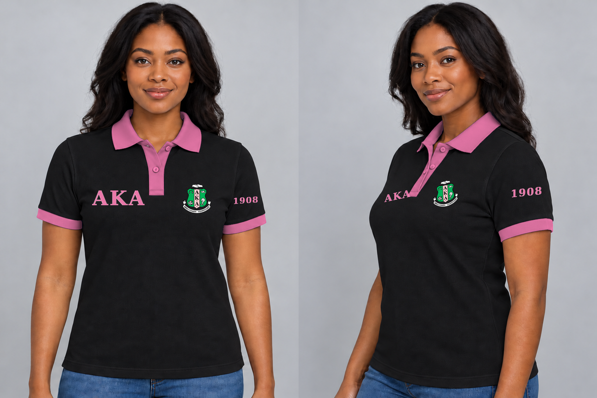 Alpha Kappa Alpha premium embroidered black solid contrast trim polo on model - front and side