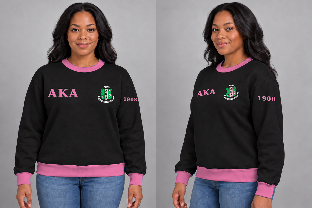 Alpha Kappa Alpha premium embroidered black solid contrast trim crewneck sweatshirt on model - front and side