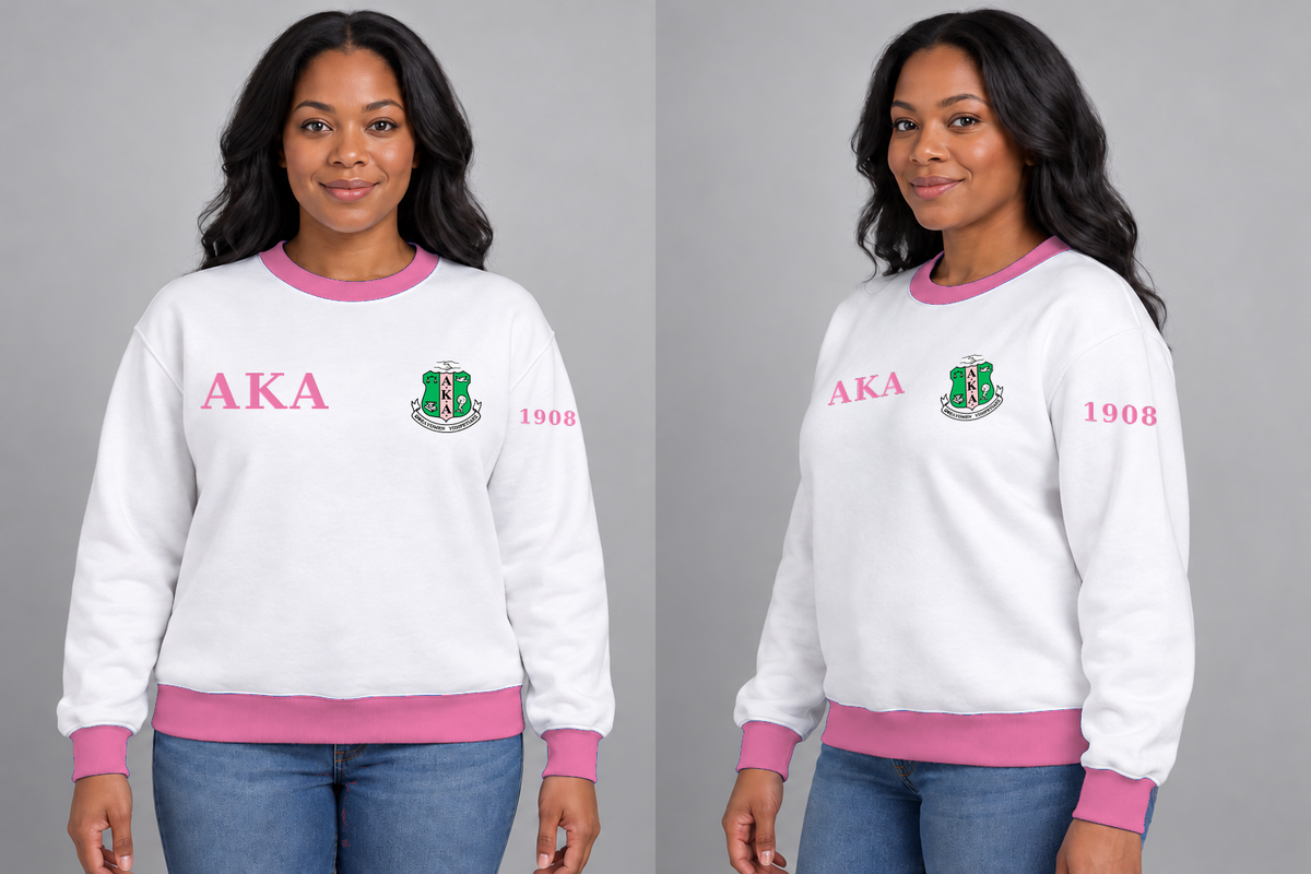 Alpha Kappa Alpha premium embroidered white solid contrast trim crewneck sweatshirt on model - front and side