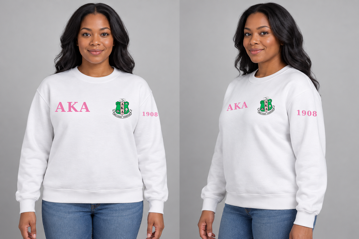 Alpha Kappa Alpha premium embroidered white solid crewneck sweatshirt on model - front and side