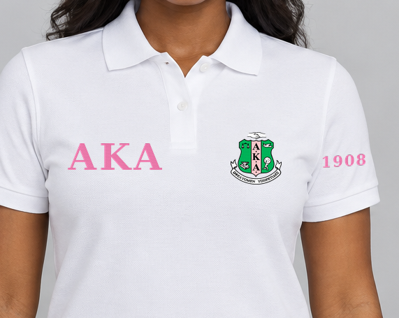 Alpha Kappa Alpha premium embroidered white solid polo on model - chest embroidery close-up