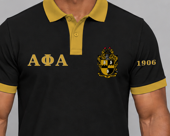 Alpha Phi Alpha premium embroidered black solid contrast trim polo on model - chest embroidery close-up