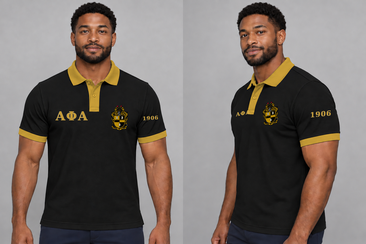 Alpha Phi Alpha premium embroidered black solid contrast trim polo on model - front and side