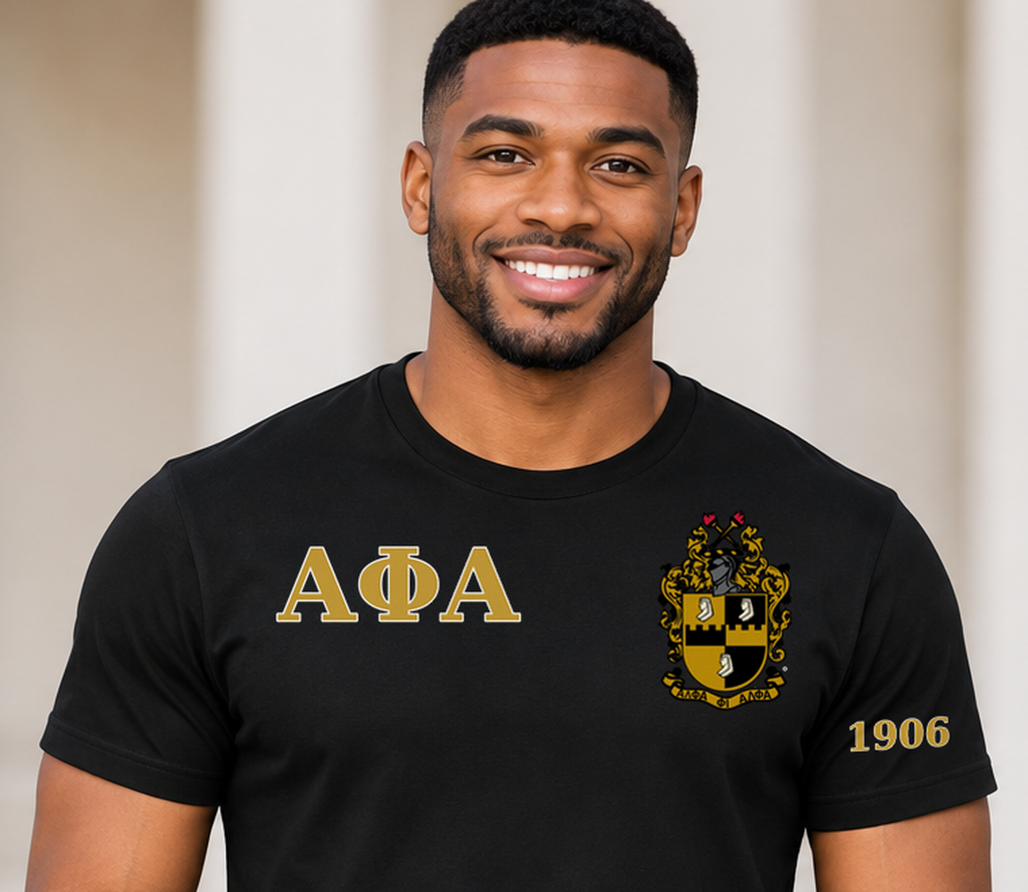 Alpha Phi Alpha Black classic printed T-shirt — model close-up