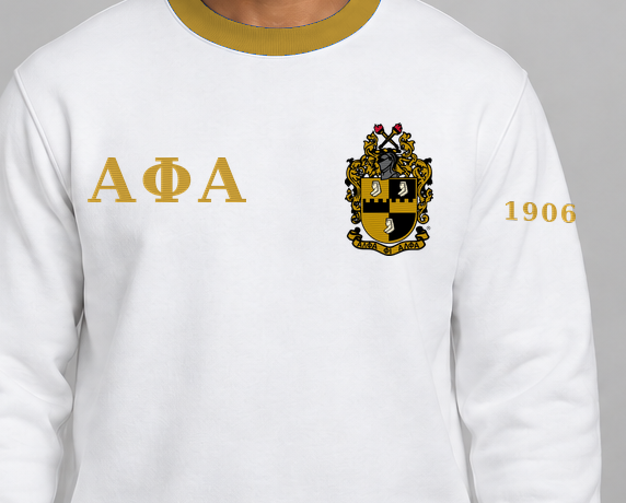 Alpha Phi Alpha premium embroidered white solid contrast trim crewneck sweatshirt on model - chest embroidery close-up