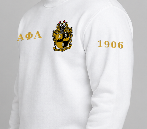 Alpha Phi Alpha premium embroidered white solid crewneck sweatshirt on model - founding year sleeve detail