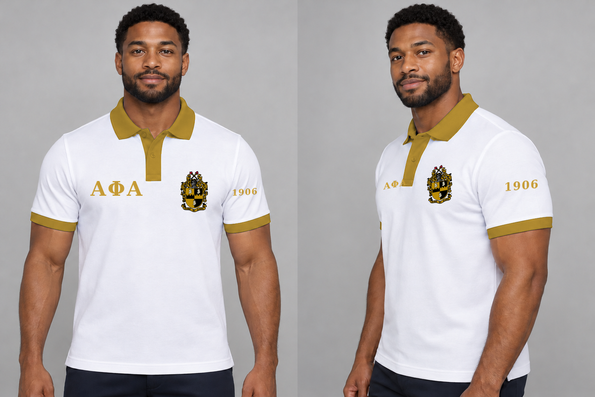 Alpha Phi Alpha premium embroidered white solid contrast trim polo on model - front and side