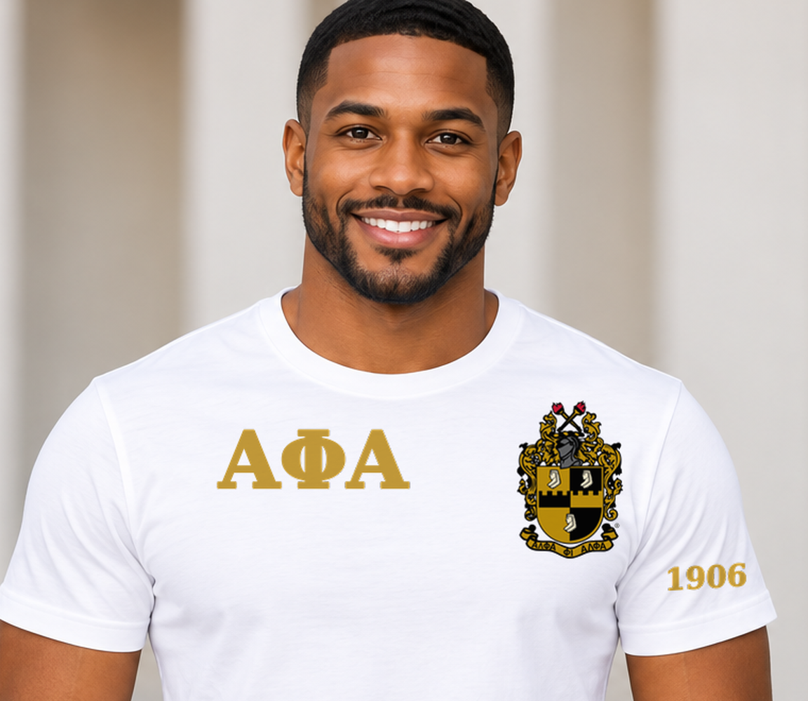 Alpha Phi Alpha White classic printed T-shirt — model close-up