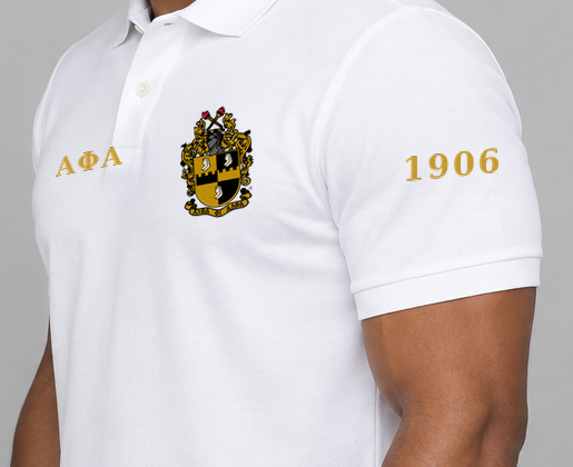 Alpha Phi Alpha premium embroidered white solid polo on model - founding year sleeve detail