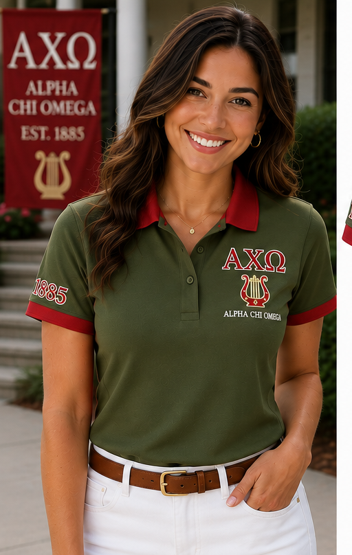 2 Tone Olive Green & Scarlet Alpha Chi Omega Custom Embroidered Polo Shirt – Personalized