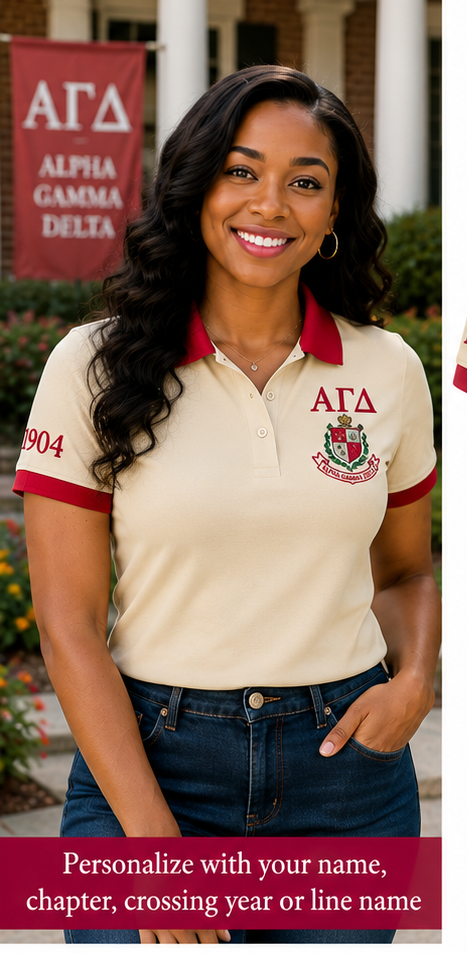 2 Tone Buff & Red Alpha Gamma Delta Custom Embroidered Polo Shirt – Personalized