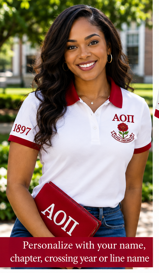 2 Tone Cardinal & White Alpha Omicron Pi Custom Embroidered Polo Shirt – Personalized