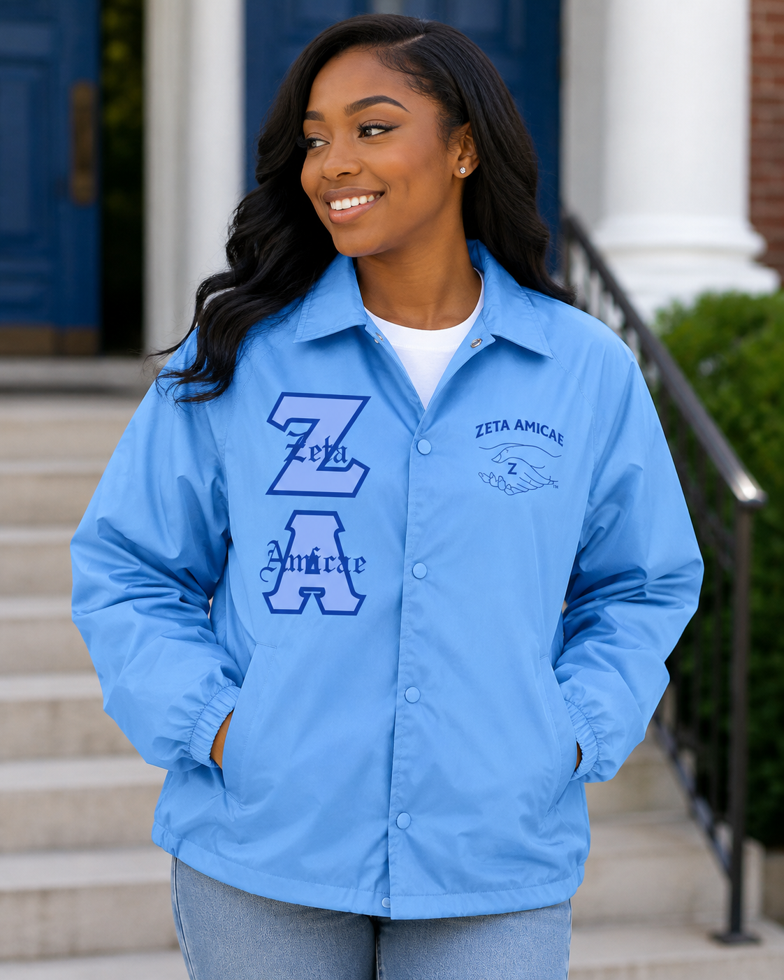 Zeta Amicae sky blue personalized line jacket with royal blue embroidered designs