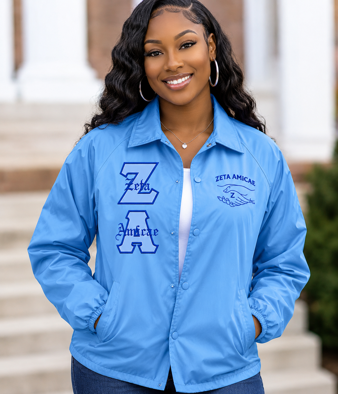 Zeta Amicae sky blue personalized line jacket with royal blue embroidered designs