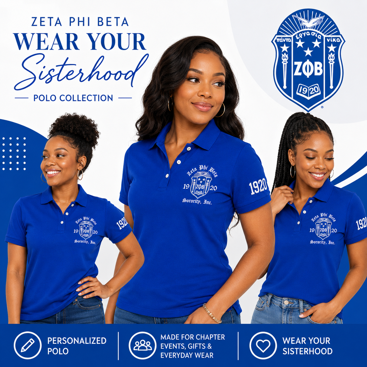 Blue Zeta Phi Beta Embroidered Polo Shirt – Personalized Sorority Polo with Crest and 1920 (Copy)