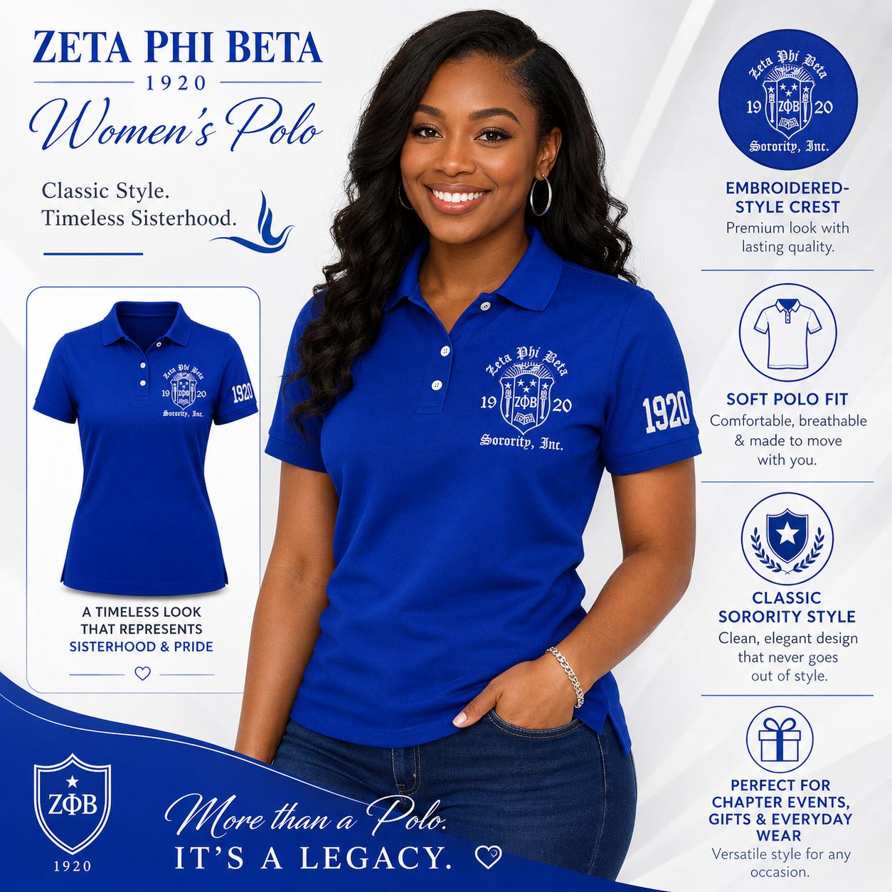Blue Zeta Phi Beta Embroidered Polo Shirt – Personalized Sorority Polo with Crest and 1920 (Copy)