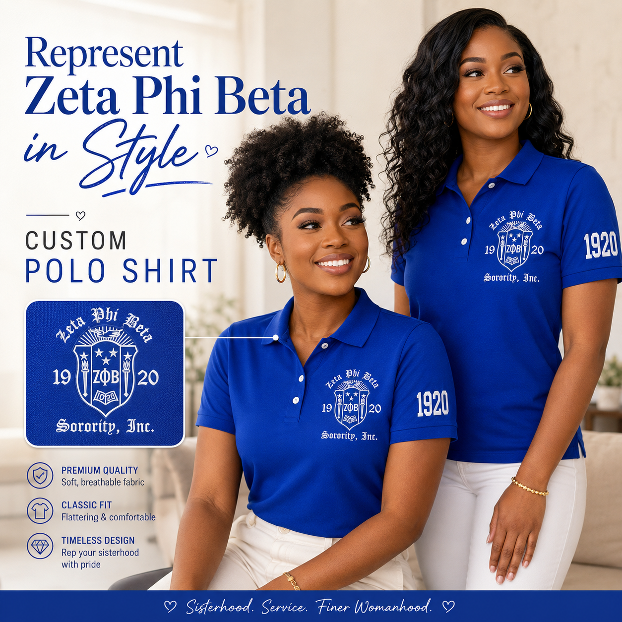 Blue Zeta Phi Beta Embroidered Polo Shirt – Personalized Sorority Polo with Crest and 1920 (Copy)