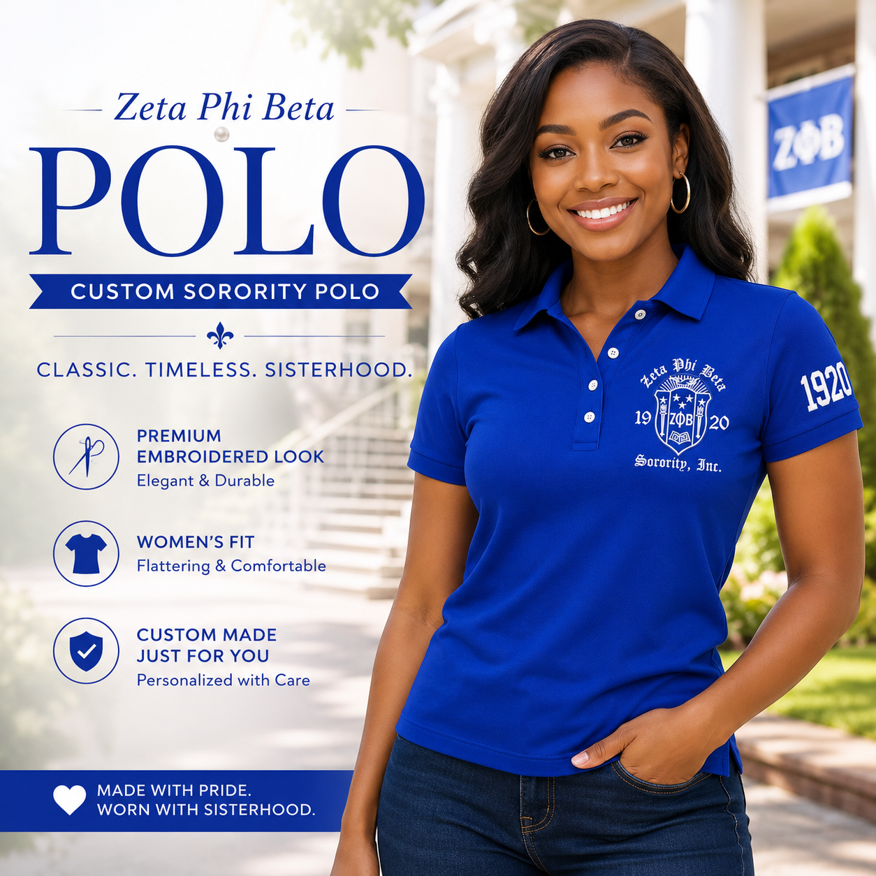 Blue Zeta Phi Beta Embroidered Polo Shirt – Personalized Sorority Polo with Crest and 1920 (Copy)