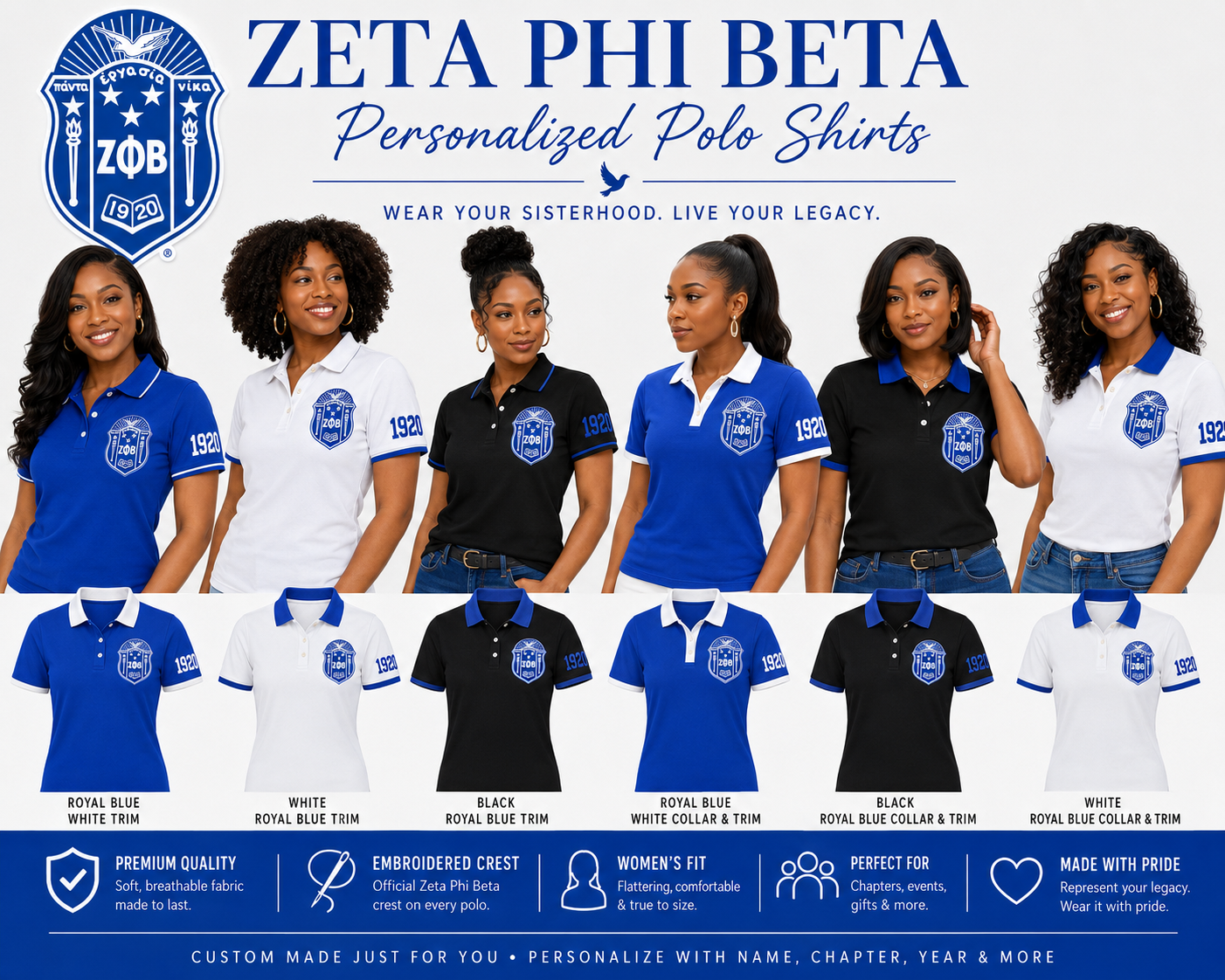 2 Tone Blue & White Zeta Phi Beta Embroidered Polo Shirt – Personalized Sorority Polo with Crest and 1920