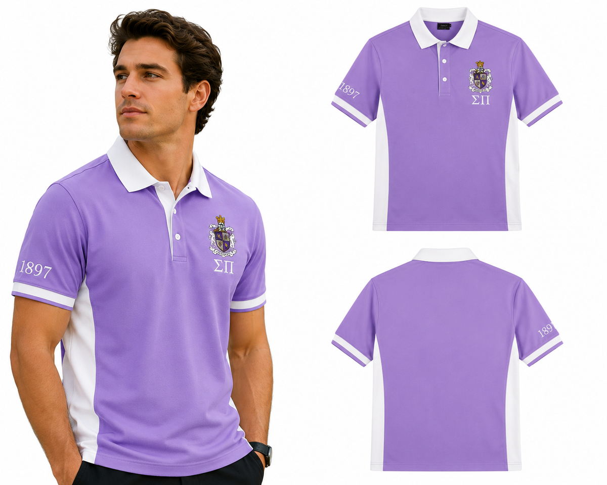 2 Tone Lavender & White Sigma Pi Custom Embroidered Polo Shirt – Personalized