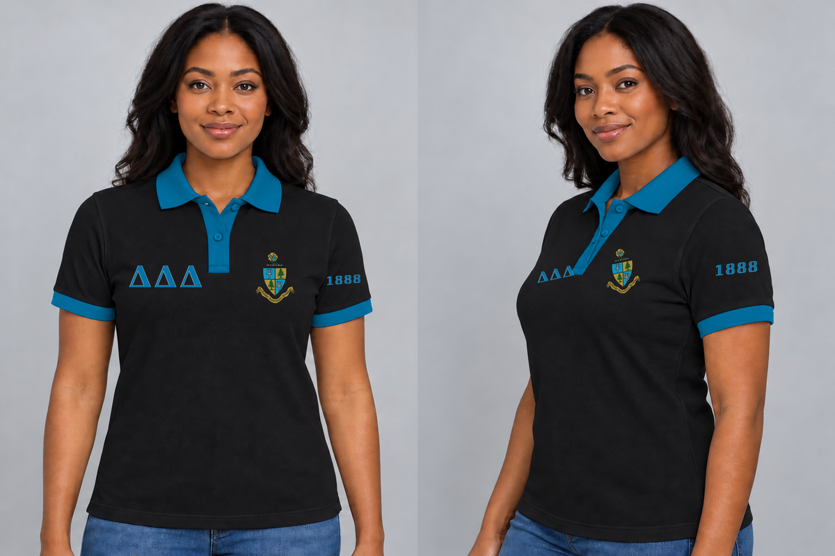 Delta Delta Delta premium embroidered black solid contrast trim polo on model - front and side