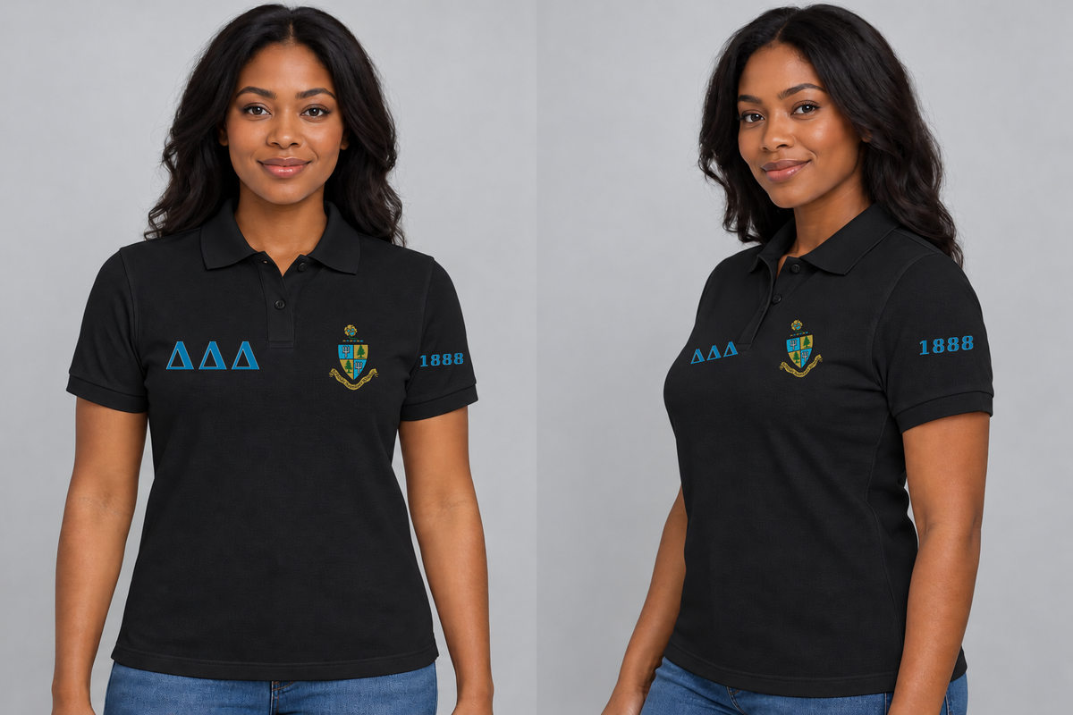 Delta Delta Delta premium embroidered black solid polo on model - front and side