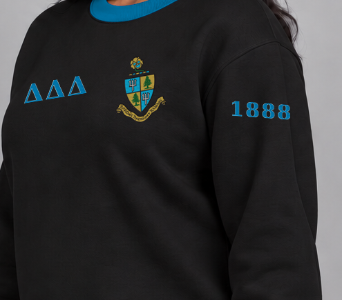 Delta Delta Delta premium embroidered black solid contrast trim crewneck sweatshirt on model - founding year sleeve detail