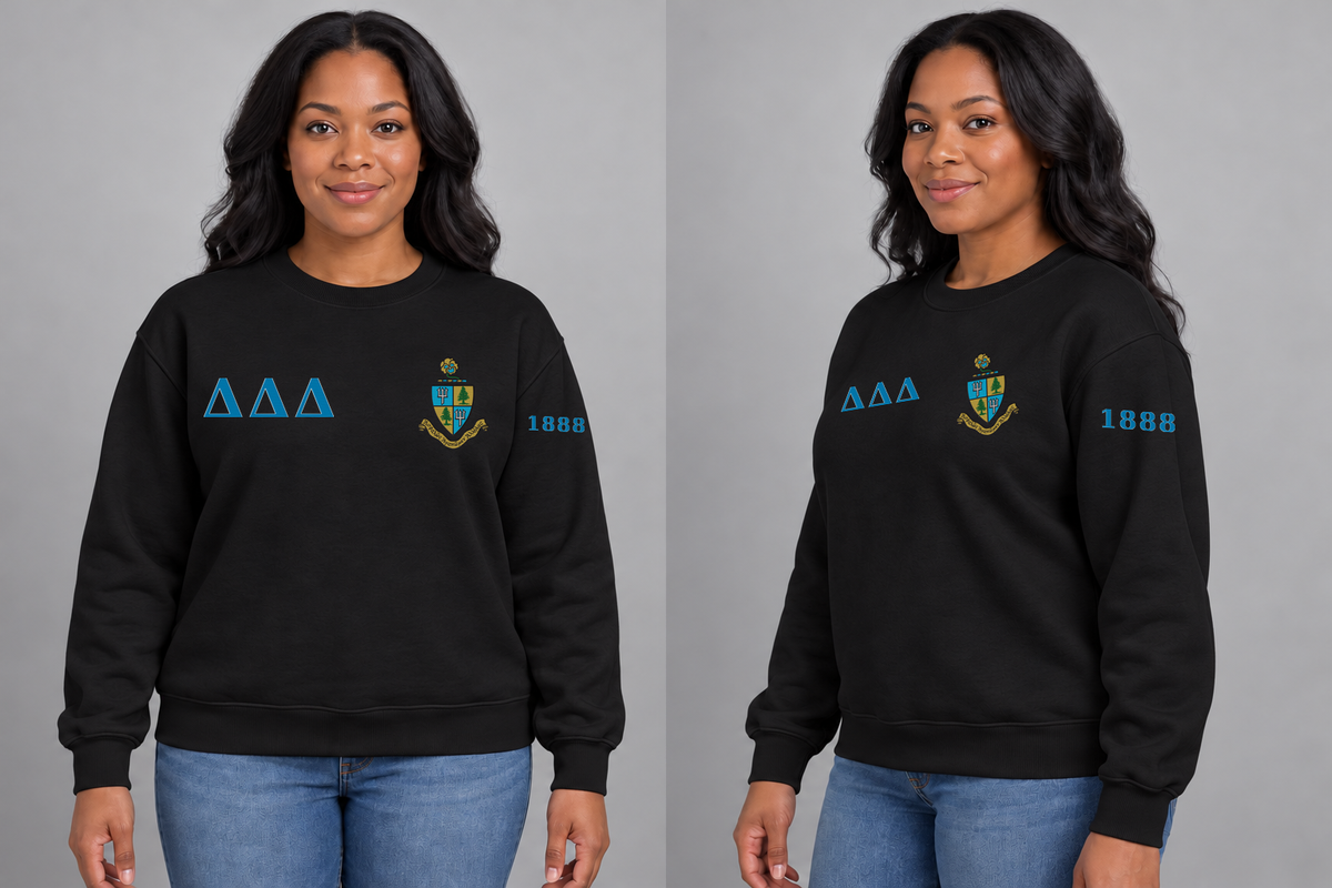 Delta Delta Delta premium embroidered black solid crewneck sweatshirt on model - front and side