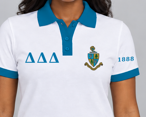 Delta Delta Delta premium embroidered white solid contrast trim polo on model - chest embroidery close-up