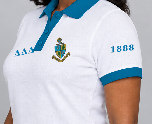Delta Delta Delta premium embroidered white solid contrast trim polo on model - founding year sleeve detail