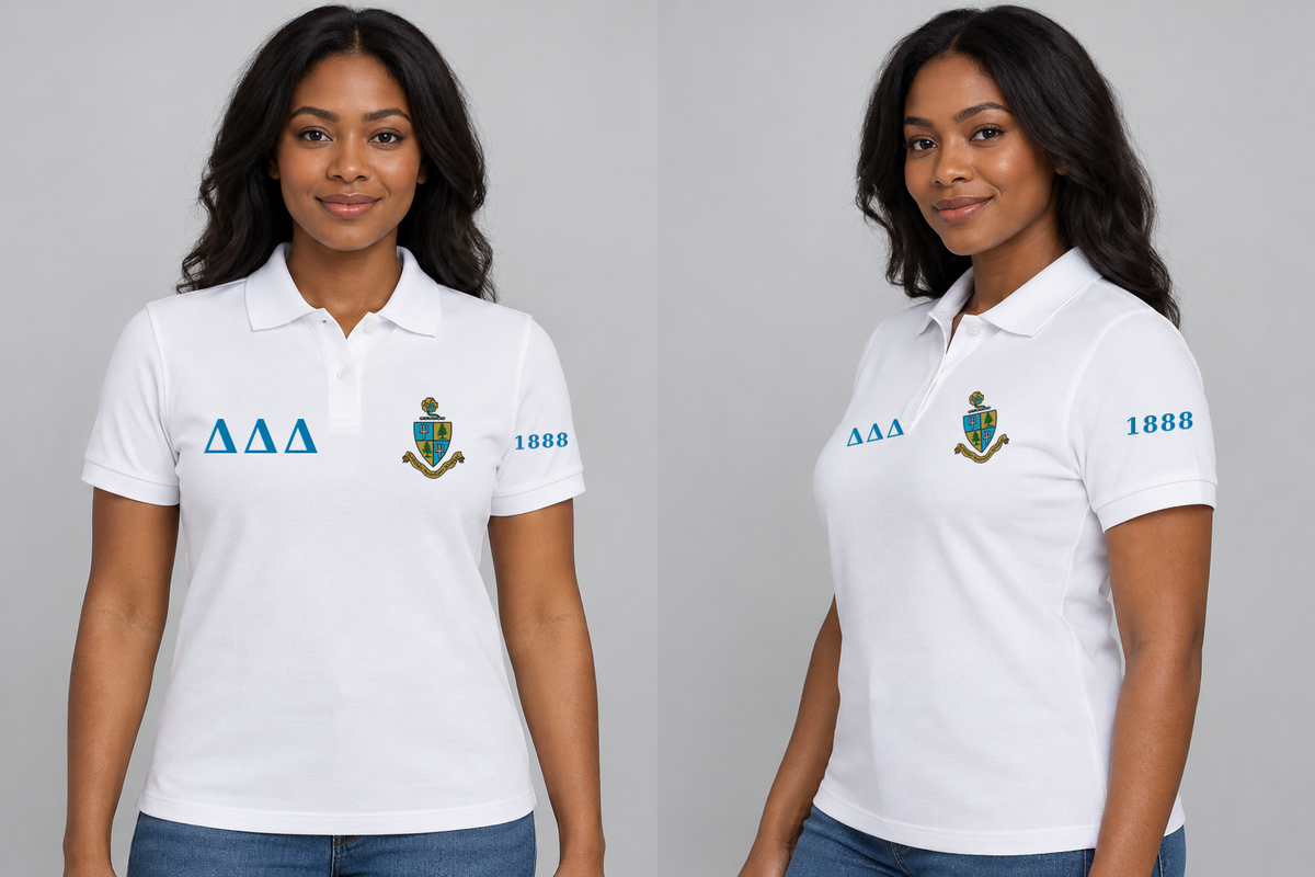 Delta Delta Delta premium embroidered white solid polo on model - front and side