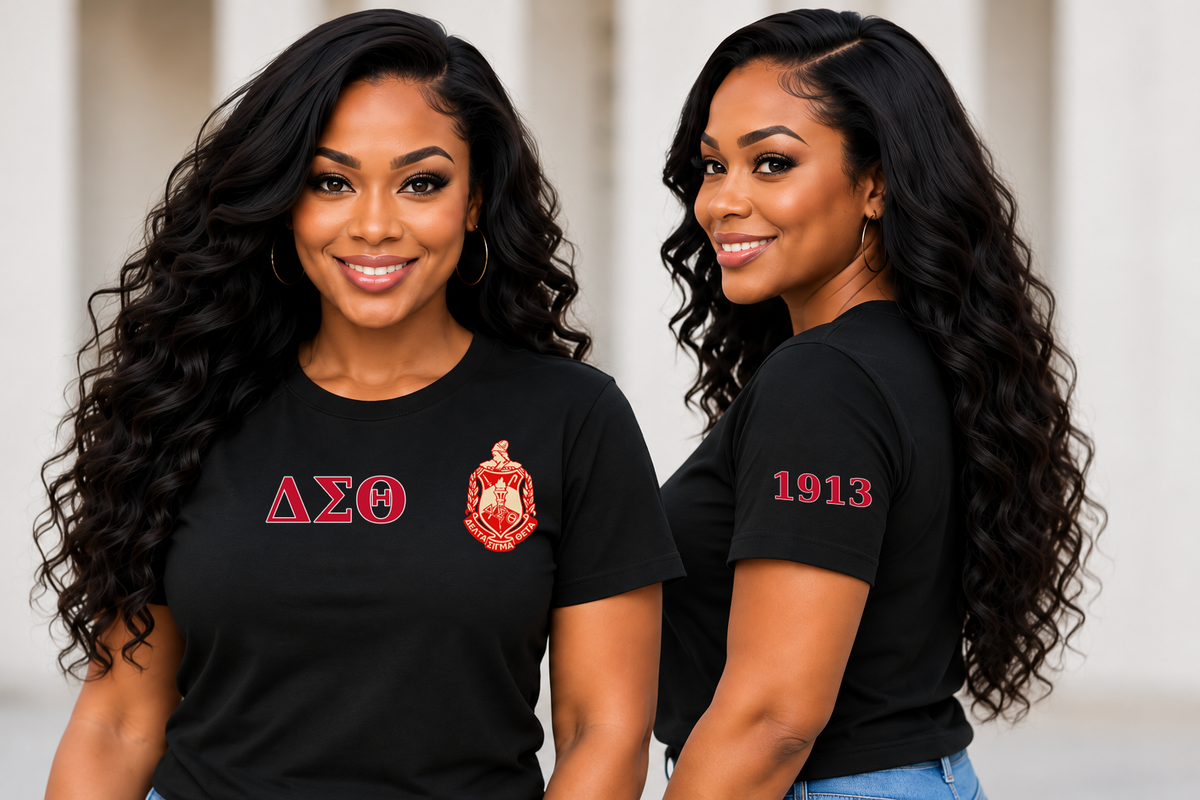 Delta Sigma Theta Black classic printed T-shirt — model front and side