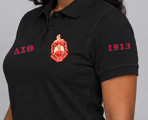 Delta Sigma Theta premium embroidered black solid polo on model - founding year sleeve detail
