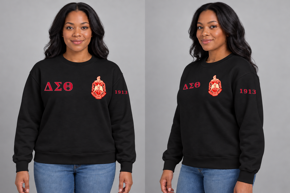 Delta Sigma Theta premium embroidered black solid crewneck sweatshirt on model - front and side