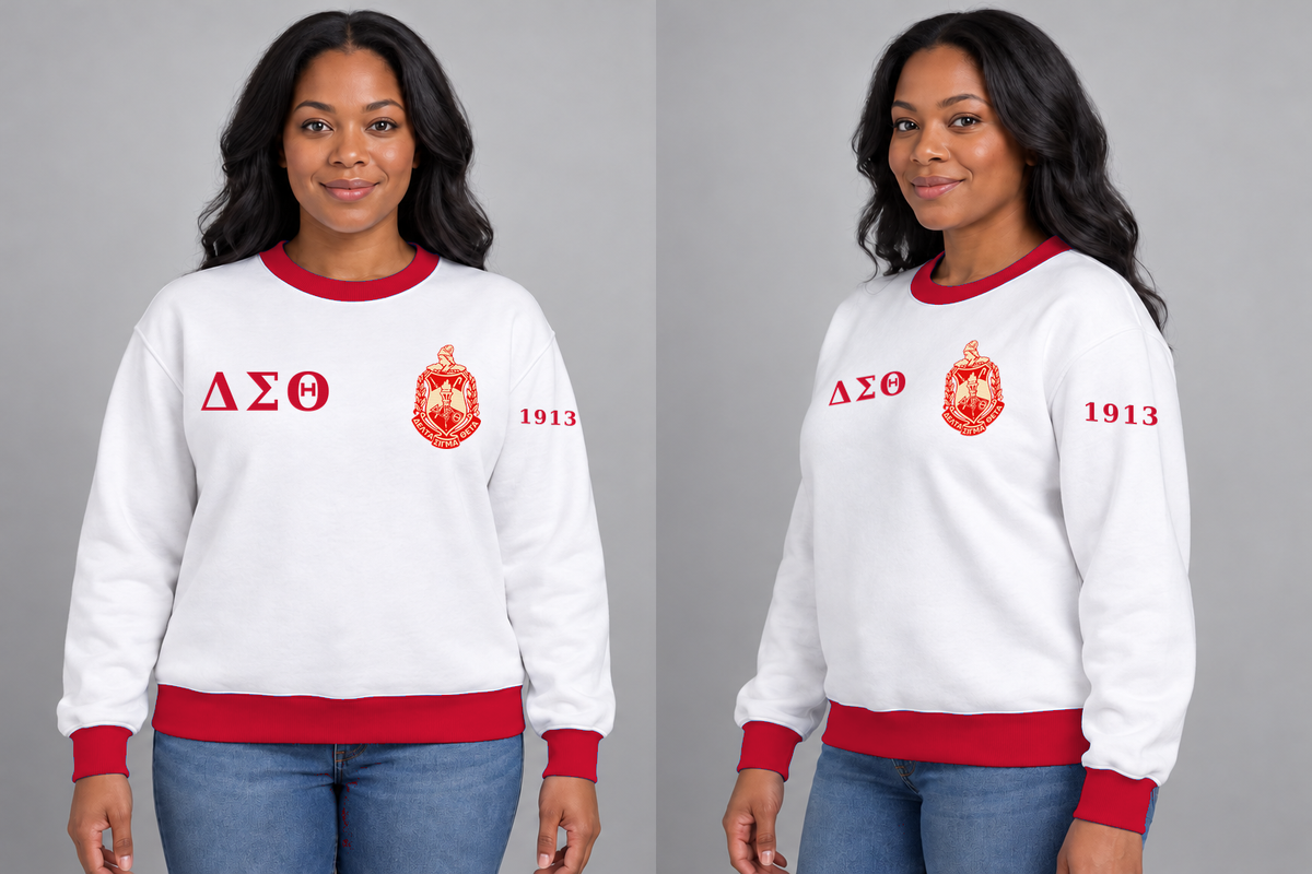 Delta Sigma Theta premium embroidered white solid contrast trim crewneck sweatshirt on model - front and side