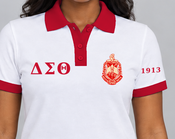Delta Sigma Theta premium embroidered white solid contrast trim polo on model - chest embroidery close-up