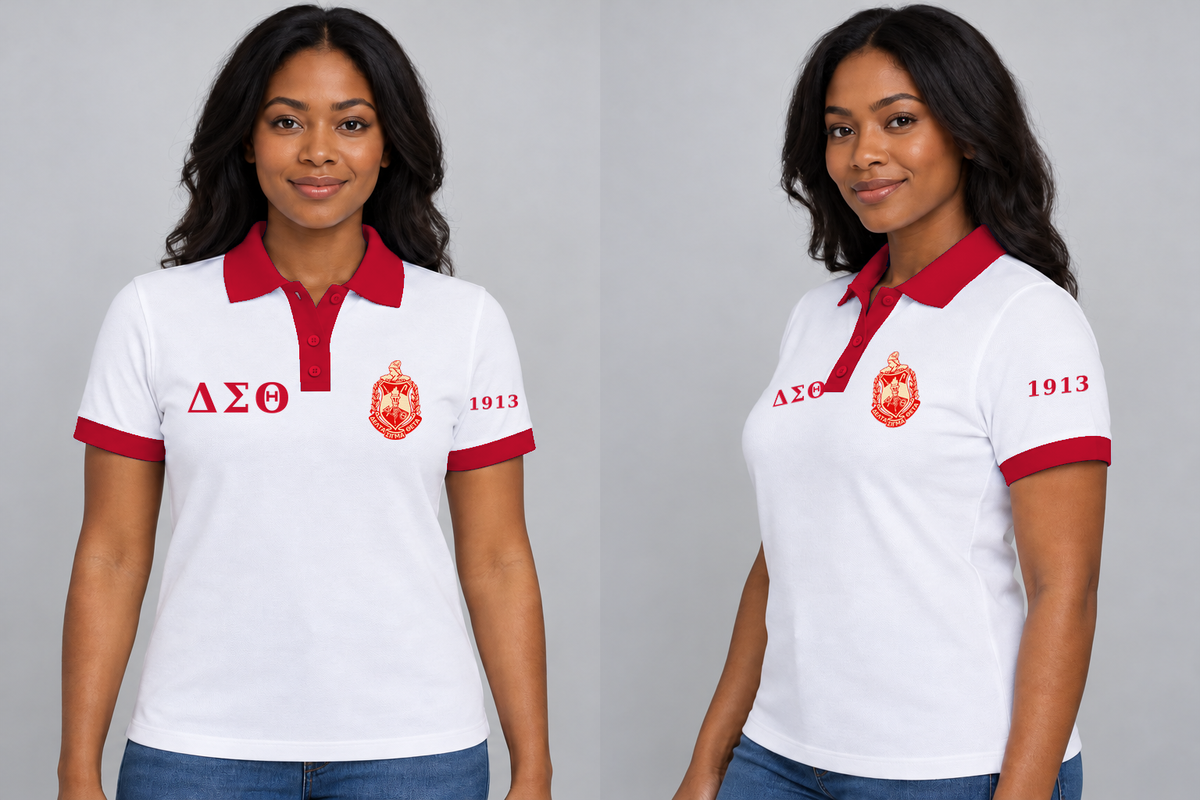 Delta Sigma Theta premium embroidered white solid contrast trim polo on model - front and side