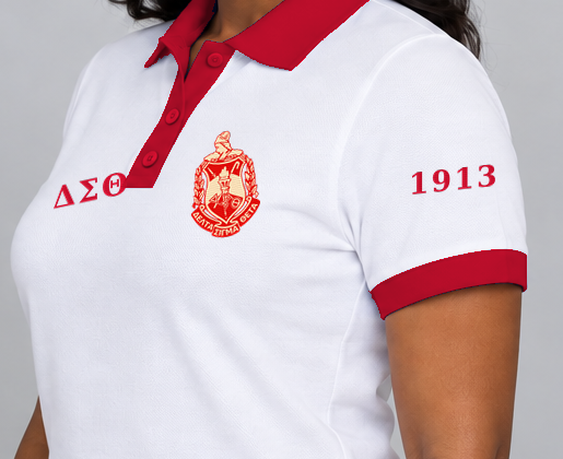 Delta Sigma Theta premium embroidered white solid contrast trim polo on model - founding year sleeve detail
