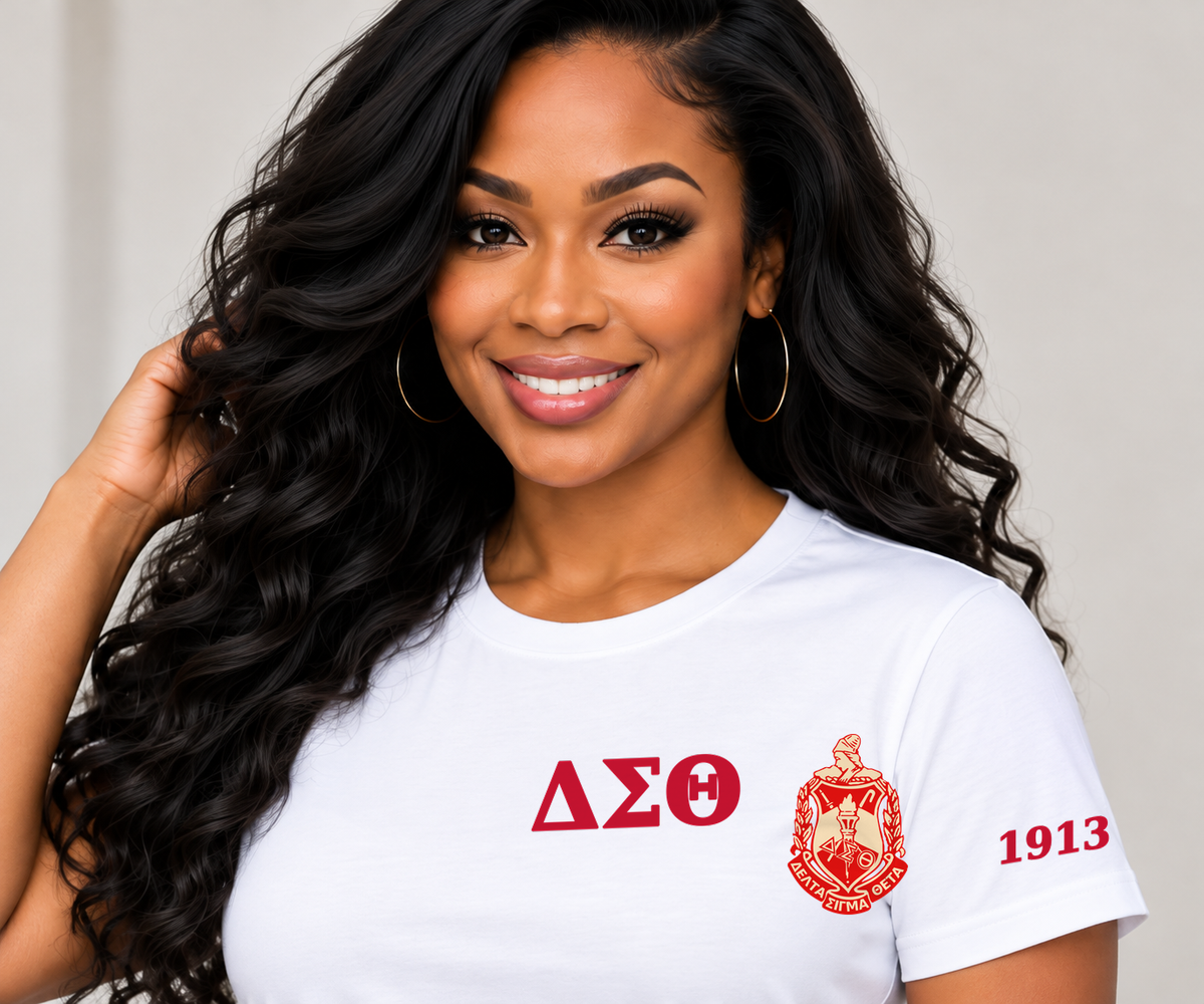 Delta Sigma Theta White classic printed T-shirt — model close-up