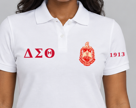 Delta Sigma Theta premium embroidered white solid polo on model - chest embroidery close-up