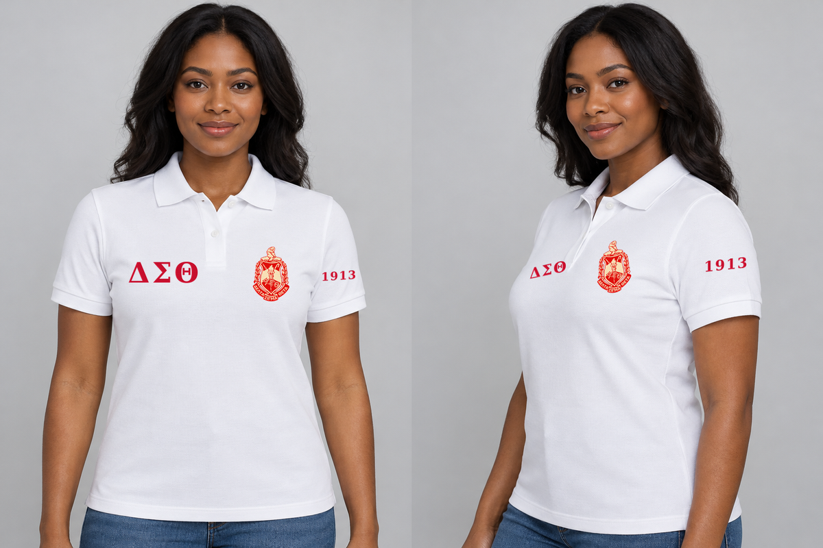 Delta Sigma Theta premium embroidered white solid polo on model - front and side