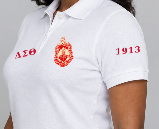 Delta Sigma Theta premium embroidered white solid polo on model - founding year sleeve detail