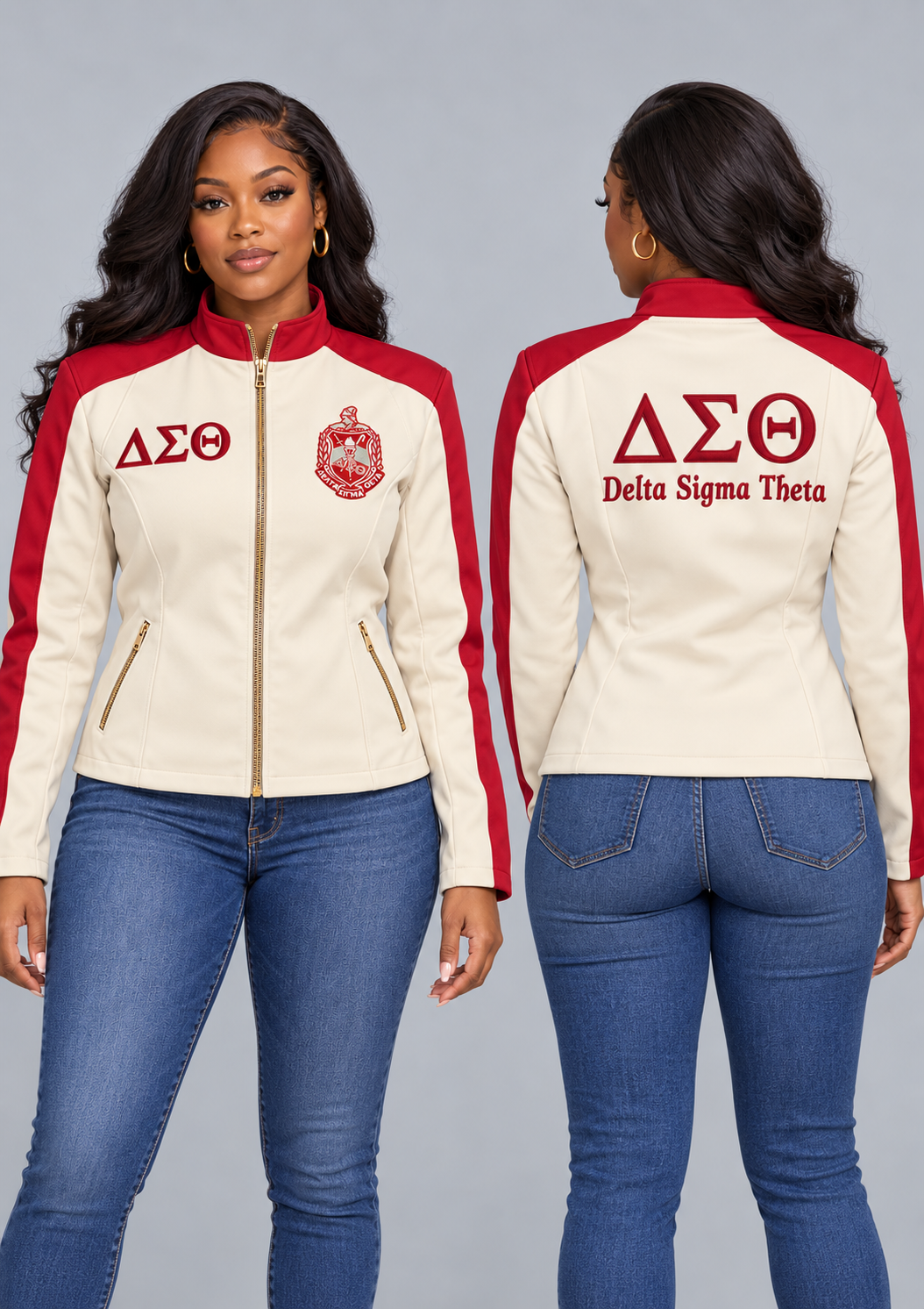Black woman modeling Delta cream and crimson custom embroidered contrast racing jacket, front and back views.