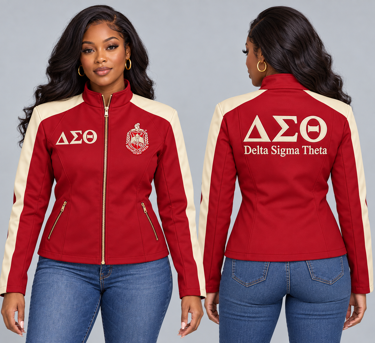 Black woman modeling Delta crimson and cream custom embroidered contrast racing jacket, front and back views.