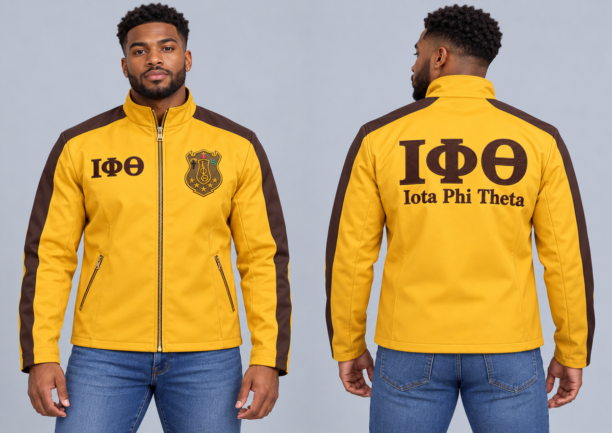 Black man modeling Iota Phi Theta gilded gold and charcoal brown custom embroidered contrast racing jacket, front and back views.