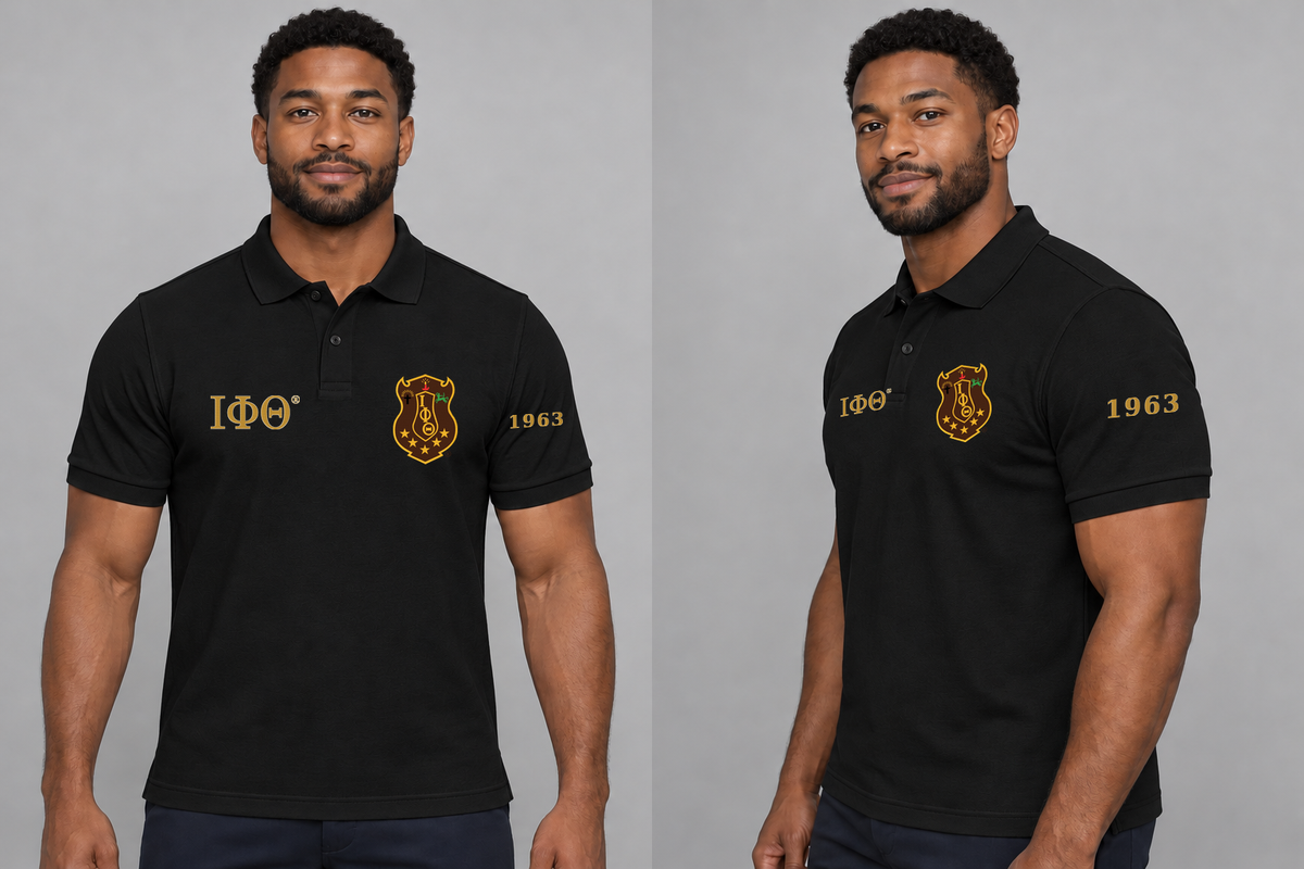 Iota Phi Theta premium embroidered black solid polo on model - front and side