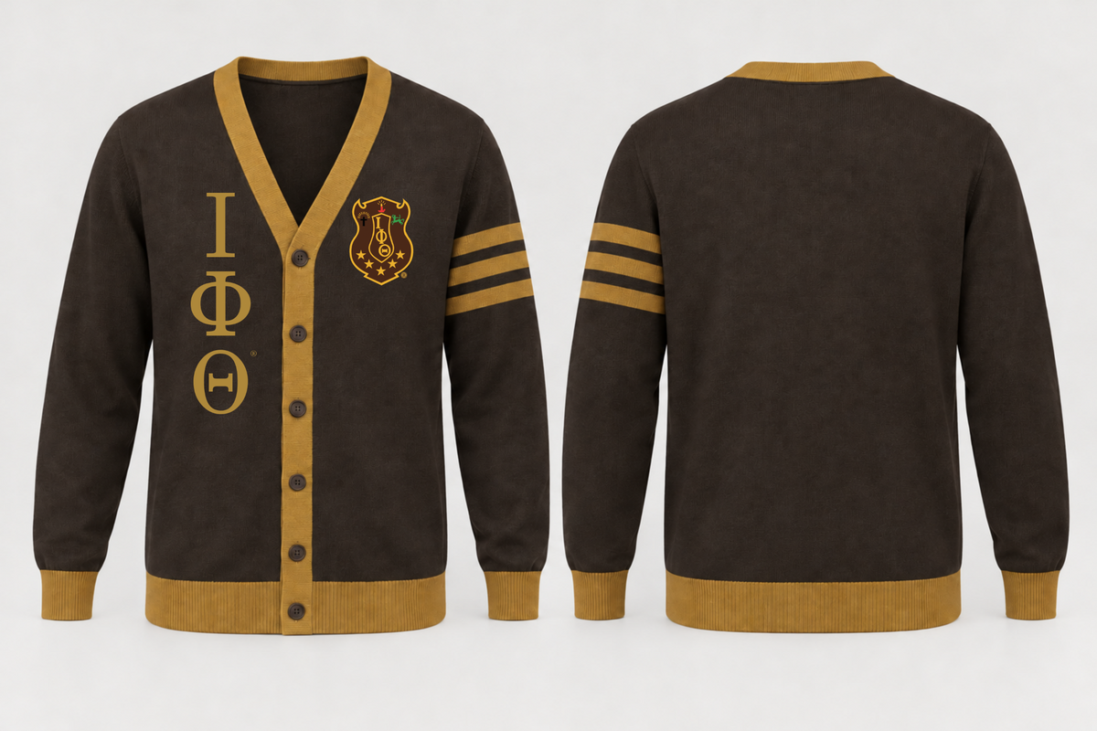 Officially licensed Iota Phi Theta brown and gold cardigan approved product image
