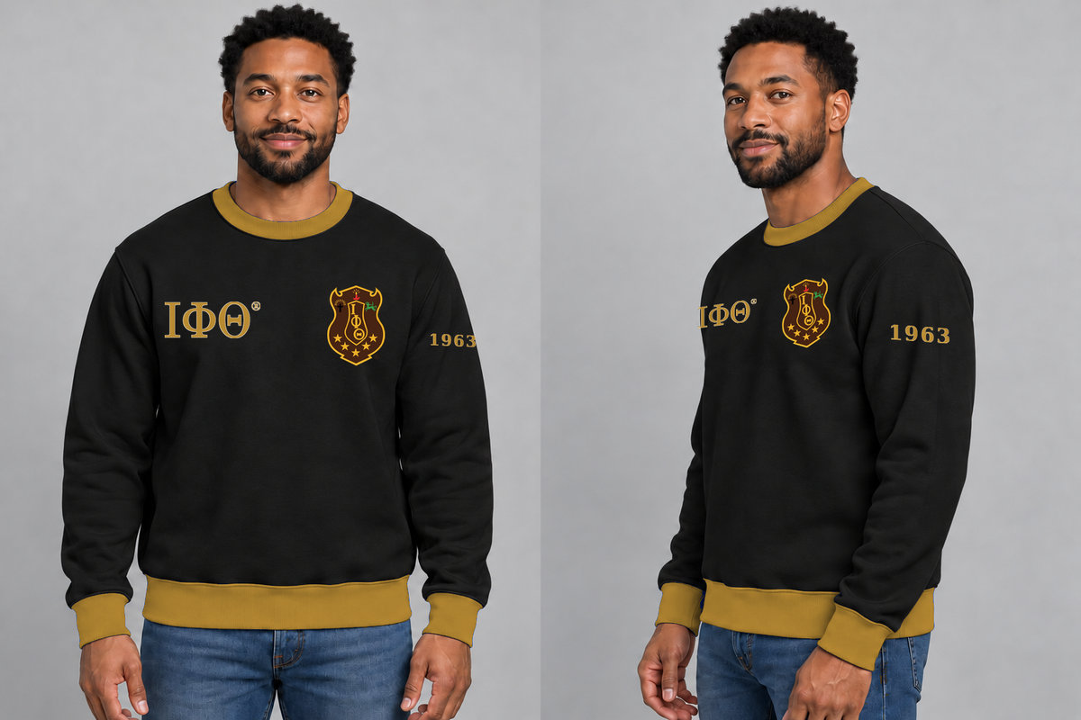 Iota Phi Theta premium embroidered black solid contrast trim crewneck sweatshirt on model - front and side
