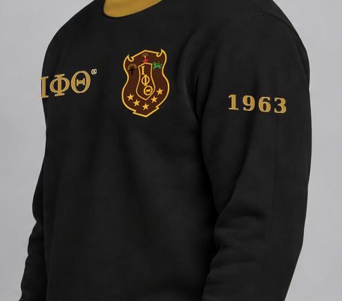 Iota Phi Theta premium embroidered black solid contrast trim crewneck sweatshirt on model - founding year sleeve detail